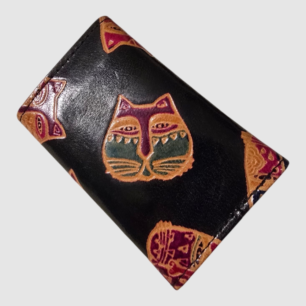 Sun N Sand Key Holder Wallet Black Brown Leather Cats Artist-Laurel Burch - Picture 4 of 6